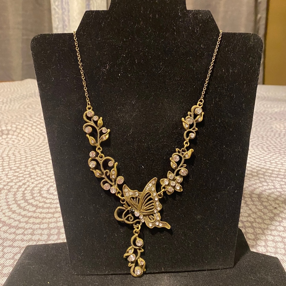 Gold Tone Butterfly & Rhinestone Necklace